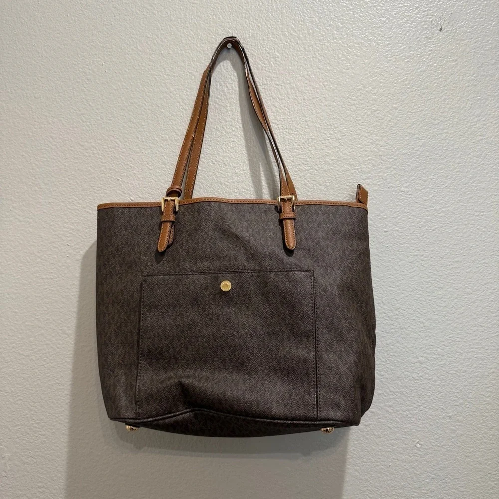 Michael Kors Tote Bag Monogram Large Brown Tan Pockets